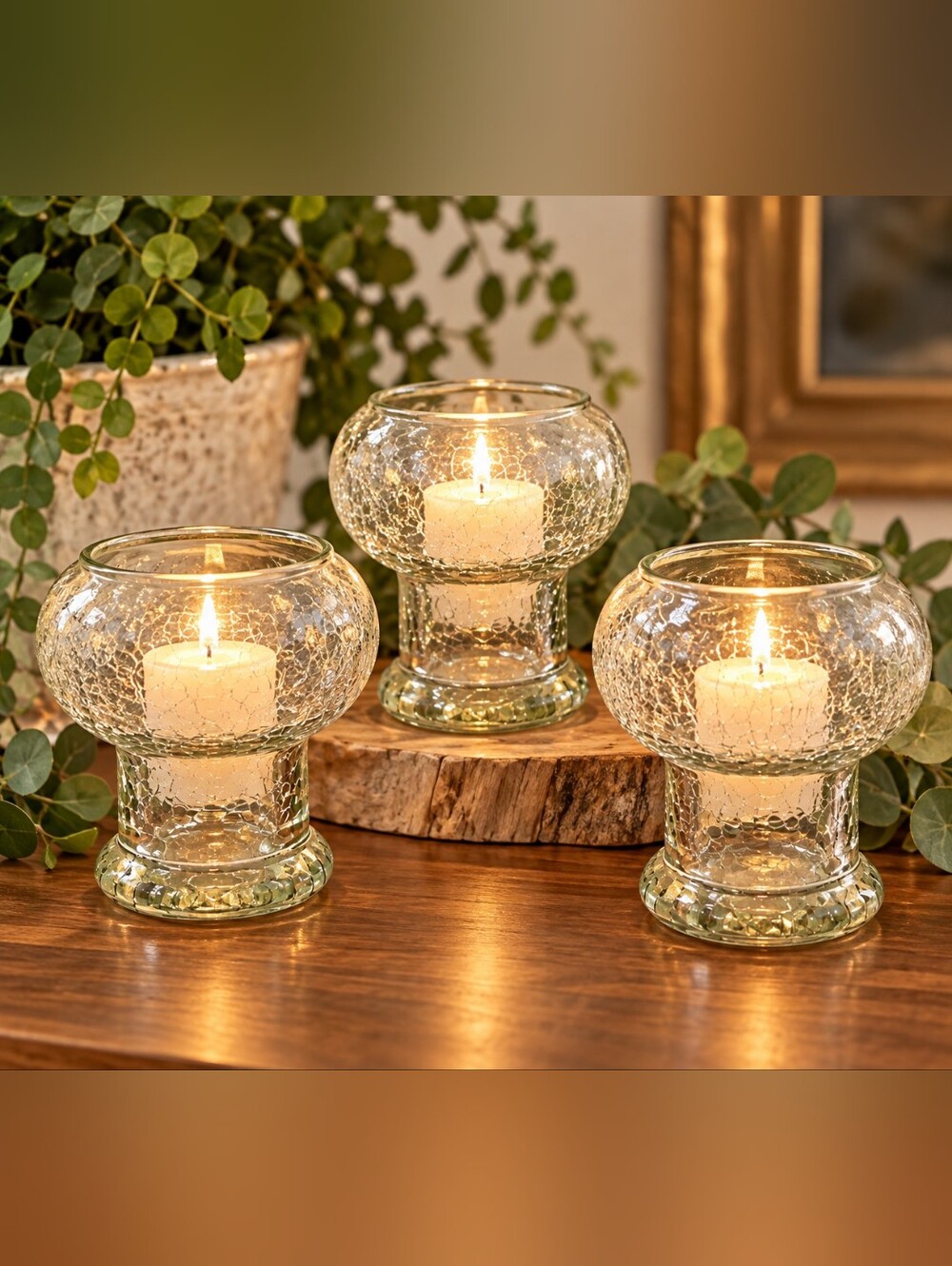 Creative Co-Op Reclaimed Crackle-Glass Footed Votive Candle Holders, Set of 3